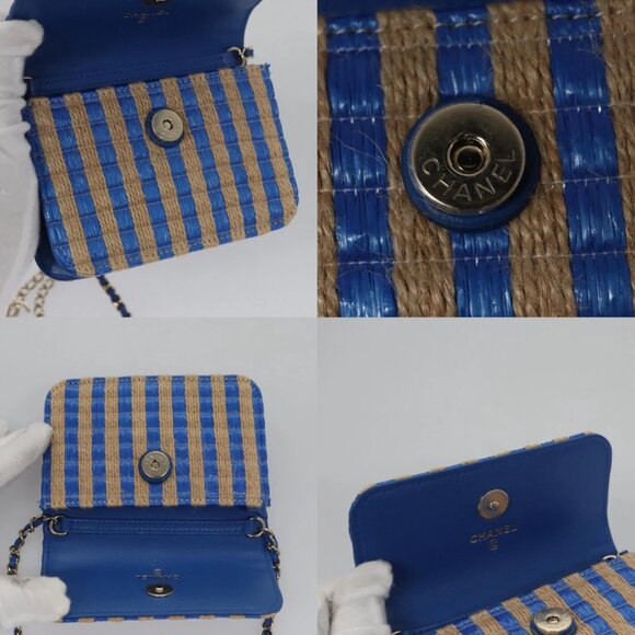 CHANEL Chain Shoulder Bag Raffia Blue CC Auth 115347AM - Picture 13 of 14